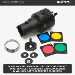Walimex Universal Projektionsvorsatz kompatibel mit Elinchrom - 270 x 160 x 160 mm - mit 4 Farbfolien (blau, rot, gelb, grün) und Schablonen (Herz, Fenster, Mond, Blatt) - für Blitzgeräte Fotoatelier