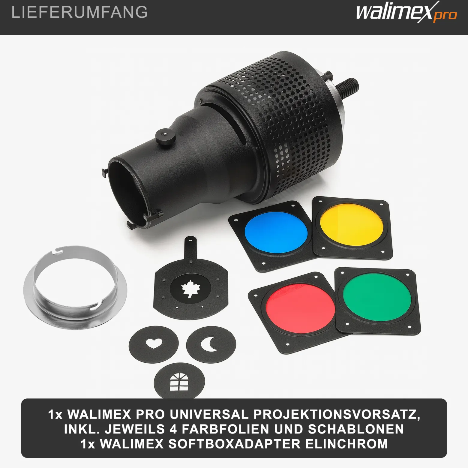 Walimex Universal Projektionsvorsatz kompatibel mit Elinchrom - 270 x 160 x 160 mm - mit 4 Farbfolien (blau, rot, gelb, grün) und Schablonen (Herz, Fenster, Mond, Blatt) - für Blitzgeräte Fotoatelier