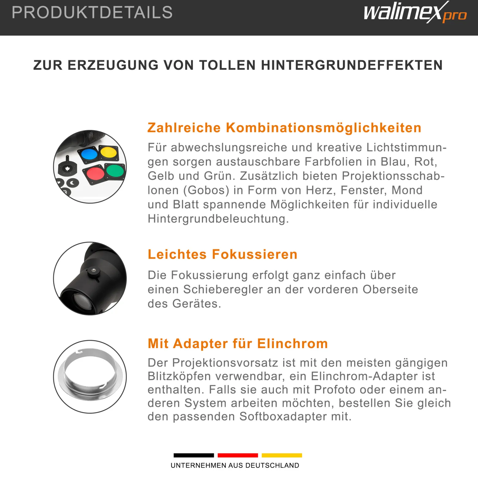 Walimex Universal Projektionsvorsatz kompatibel mit Elinchrom - 270 x 160 x 160 mm - mit 4 Farbfolien (blau, rot, gelb, grün) und Schablonen (Herz, Fenster, Mond, Blatt) - für Blitzgeräte Fotoatelier