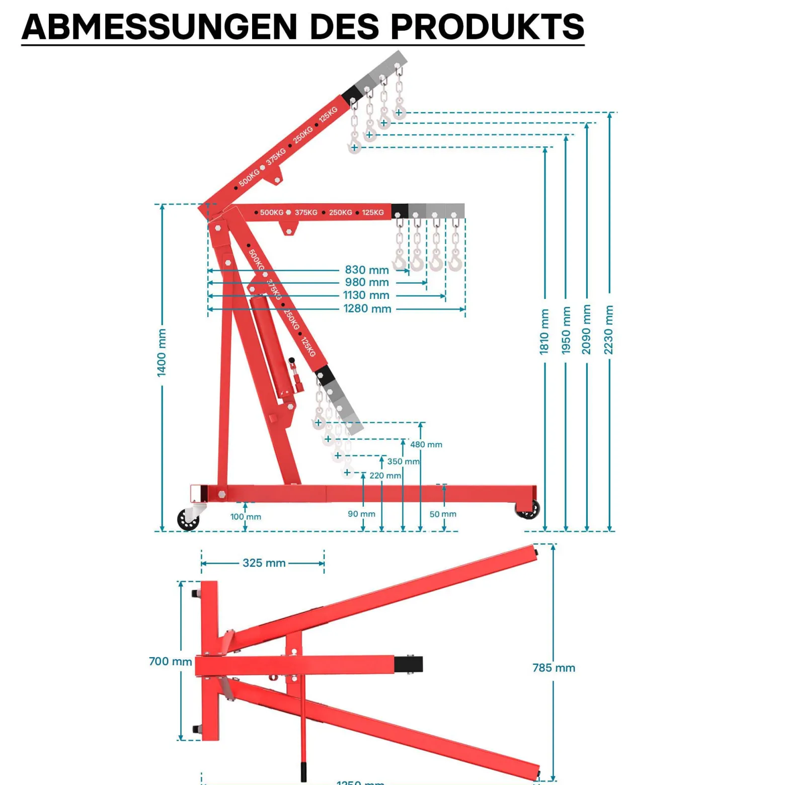 Werkstattkran für Lasten bis 500 kg, Motorheber mit 830-1280 mm Hubarm, Lastkran Motorheber, Motorkran Schwerlastkran