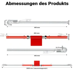 Wiltec Abschleppstange 3 teilig 2 m bis 3 t, Abschlepphilfe Schleppstange aus Stahl mit Warnfarbe, Fähnchen, Dämpfer und Tasche