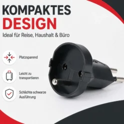 Wiltec Adapter Schuko/ CH schwarz, Steckdosenadapter Schweiz 250 V/ 16 A, Stromadapter bis 4000 W, Adapter für schweizer Steckdosen leistungsstark