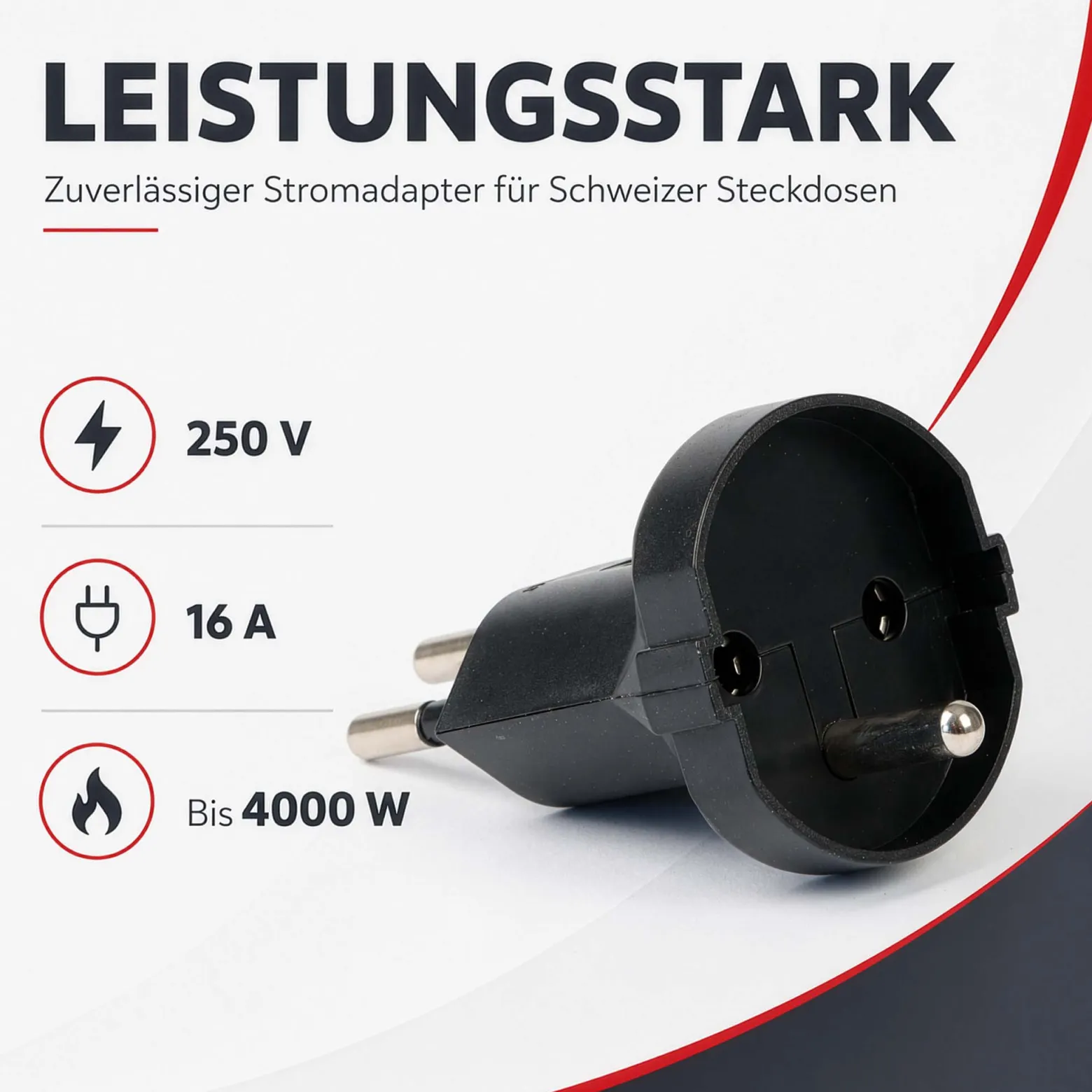 Wiltec Adapter Schuko/ CH schwarz, Steckdosenadapter Schweiz 250 V/ 16 A, Stromadapter bis 4000 W, Adapter für schweizer Steckdosen leistungsstark