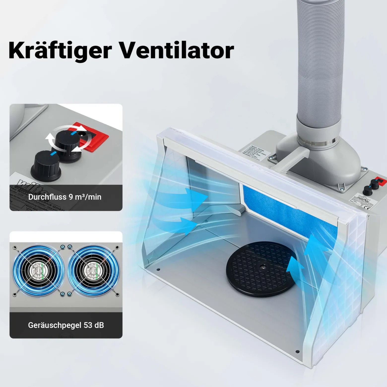 Wiltec Airbrush Absauganlage 9 m³/min, zur Absaugung von Farbe Farbnebel Sprühnebel Filter, mit LED Beleuchtung, Drehregler und Doppellüfter, Lackierkabine für Airbrush-Arbeiten