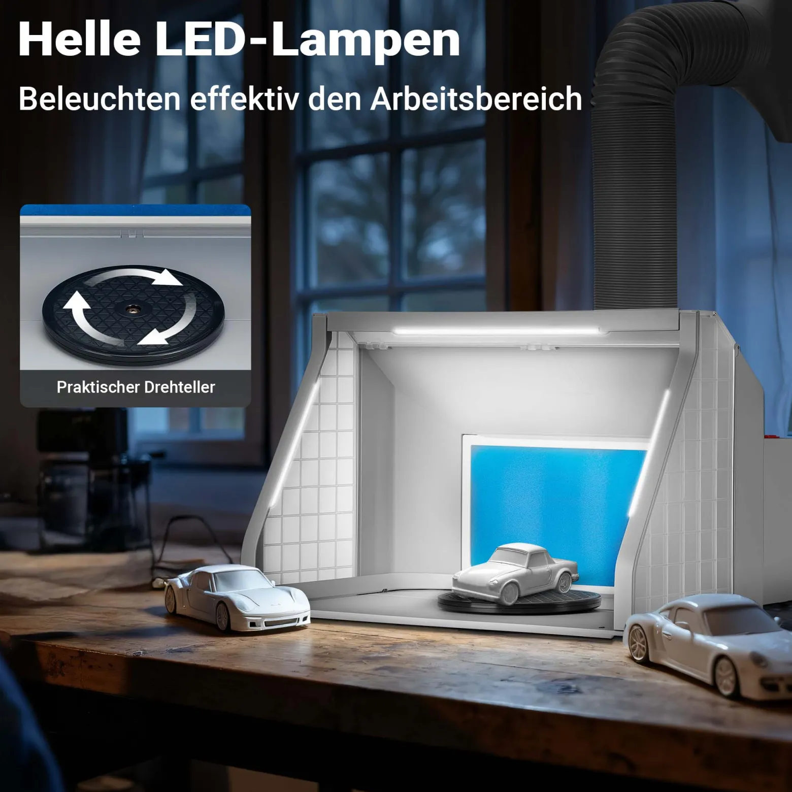 Wiltec Airbrush Absauganlage 9 m³/min, zur Absaugung von Farbe Farbnebel Sprühnebel Filter, mit LED Beleuchtung, Drehregler und Doppellüfter, Lackierkabine für Airbrush-Arbeiten