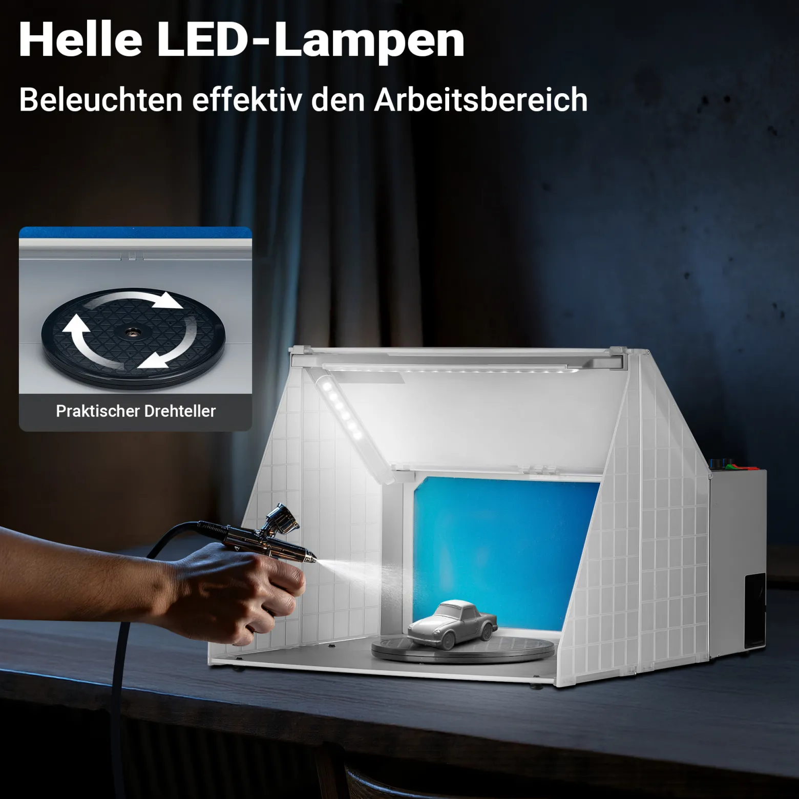 Wiltec Airbrush Absauganlage 4 m³/min, zur Absaugung von Farbe Farbnebel Sprühnebel Filter, mit LED Beleuchtung, Drehregler, regulierbar, Lackierkabine für Airbrush-Arbeiten