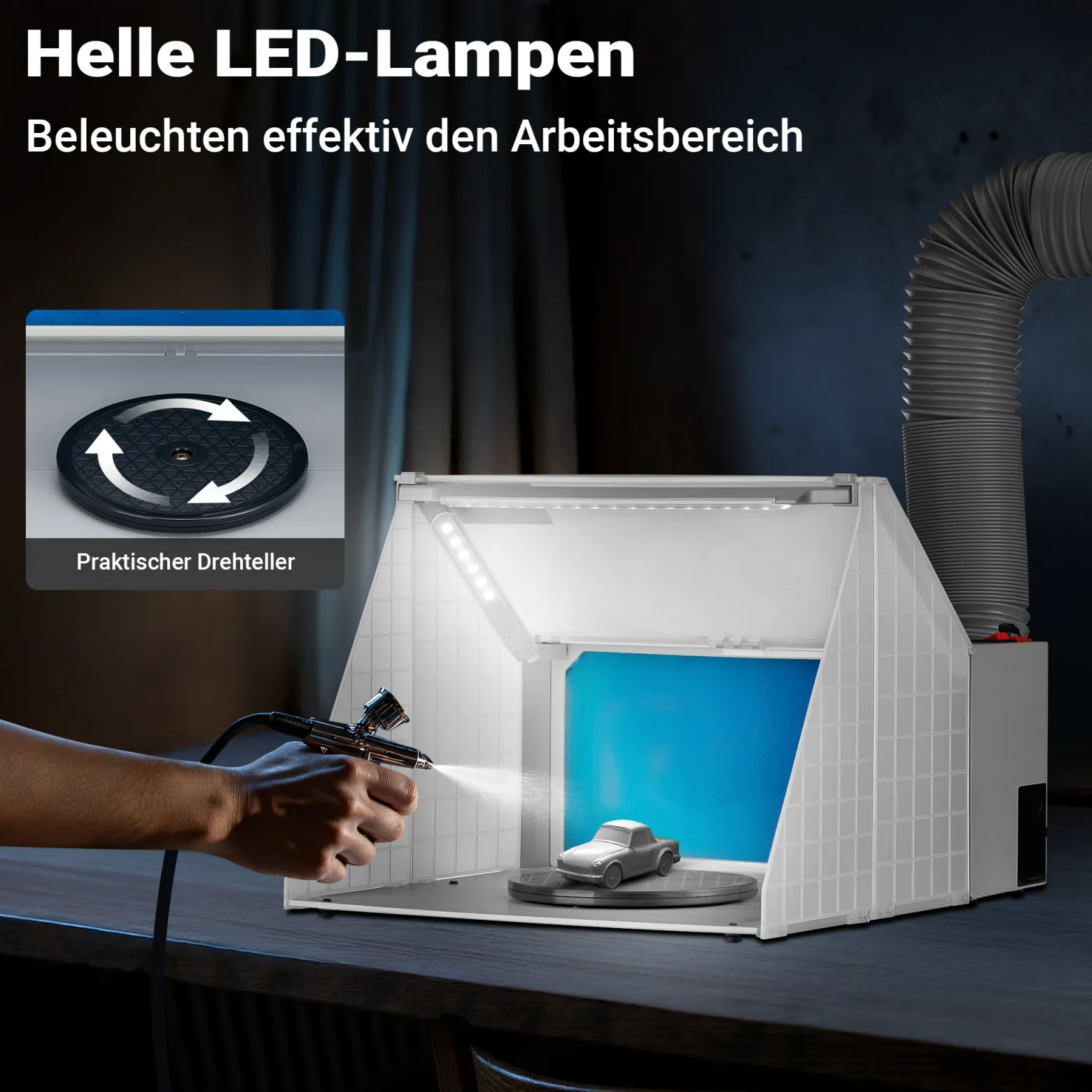 Wiltec Airbrush Absauganlage 4 m³/min, nur 47 dB, zur Absaugung von Farbe Farbnebel Sprühnebel, Filter erweiterbar, mit LED Beleuchtung, Lackierkabine für Airbrush-Arbeiten