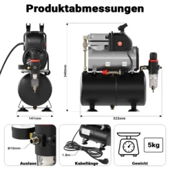 Wiltec Airbrush Einzylinderkolbenkompressor AF189 mit Lufttank, max. 6 bar Druck, Druckminderer, Wasserabscheider, Manometer, für Modellbau, Nailart, Tattoos