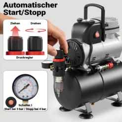 Wiltec Airbrush Einzylinderkolbenkompressor AF189 mit Lufttank, max. 6 bar Druck, Druckminderer, Wasserabscheider, Manometer, für Modellbau, Nailart, Tattoos