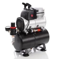 Wiltec Airbrush Einzylinderkolbenkompressor AF189 mit Lufttank, max. 6 bar Druck, Druckminderer, Wasserabscheider, Manometer, für Modellbau, Nailart, Tattoos
