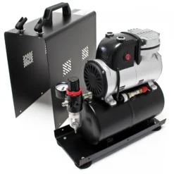 Wiltec Airbrush Einzylinderkolbenkompressor AF189A bis max. 6 bar Druck, im Gehäuse mit Lufttank und Manometer, geräuscharmer Kompressor