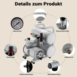 Wiltec Airbrush Kompressor AS06T 1/4 PS mit Zubehör, Kompressor für Airbrush-Pistole hohe Luftzufuhr 65-69 l/min, leistungsstarker Druckluftkompressor 3,2 bar, Luftkompressor für Airbrush-Design