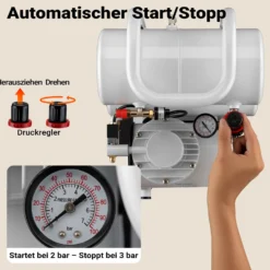 Wiltec Airbrush Kompressor AS06T 1/4 PS mit Zubehör, Kompressor für Airbrush-Pistole hohe Luftzufuhr 65-69 l/min, leistungsstarker Druckluftkompressor 3,2 bar, Luftkompressor für Airbrush-Design