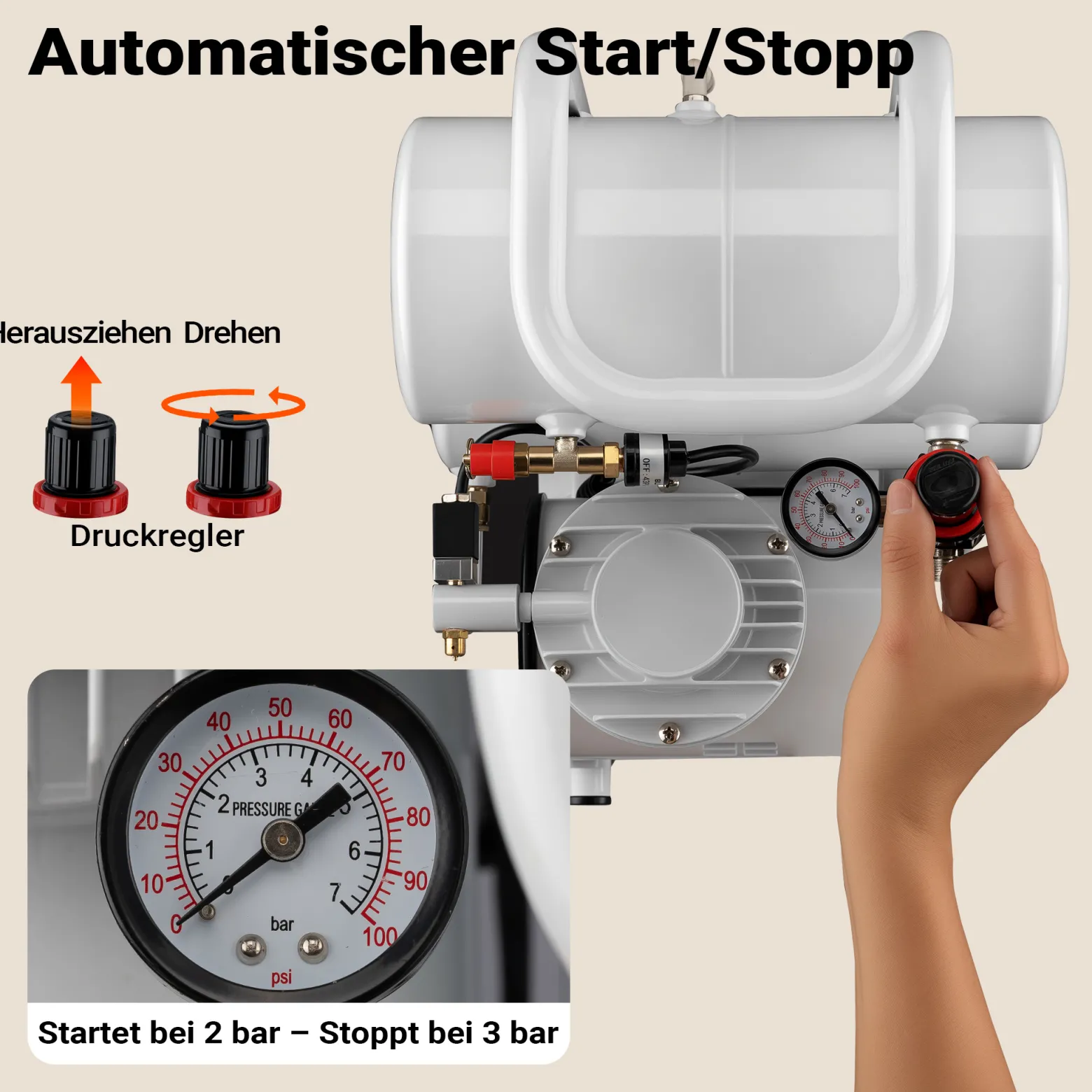 Wiltec Airbrush Kompressor AS06T 1/4 PS mit Zubehör, Kompressor für Airbrush-Pistole hohe Luftzufuhr 65-69 l/min, leistungsstarker Druckluftkompressor 3,2 bar, Luftkompressor für Airbrush-Design