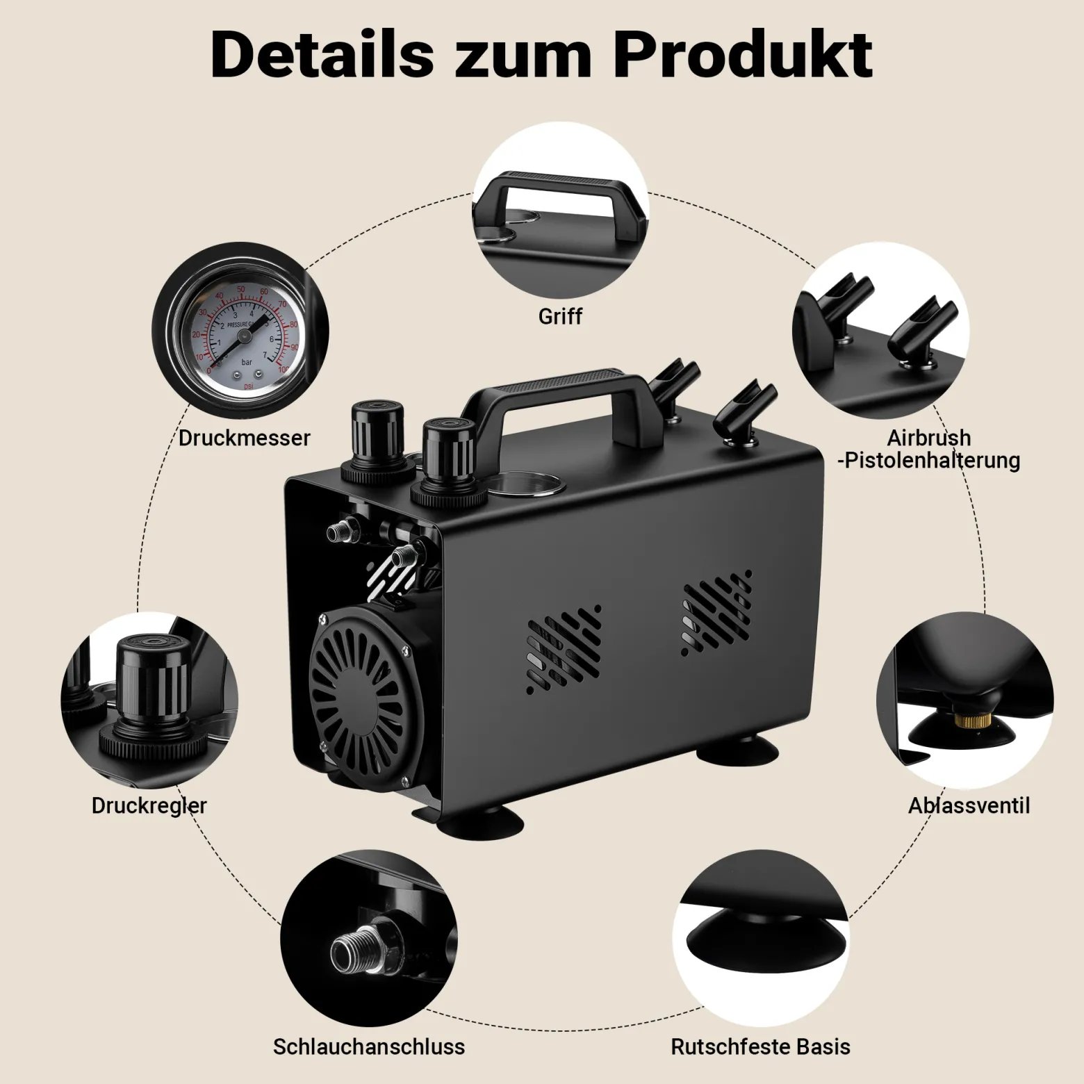 Wiltec Airbrush Kompressor AS18TA 1/6 PS, Druckluftkompressor mit 20-23 l/min Luftzufuhr, Kompressor für Airbrush-Pistole mit 2 Aushängen, Luftkompressor mit Druckmesser für Airbrush-Design