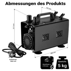 Wiltec Airbrush Kompressor AS18TA 1/6 PS, Druckluftkompressor mit 20-23 l/min Luftzufuhr, Kompressor für Airbrush-Pistole mit 2 Aushängen, Luftkompressor mit Druckmesser für Airbrush-Design