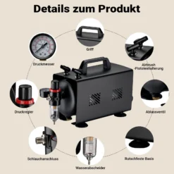 Wiltec Airbrush Kompressor AS18TB 1/6 PS, Druckluftkompressor mit 20-23 l/min Luftzufuhr, Kompressor für Airbrush-Pistole mit 1-Liter-Tank, Luftkompressor für Airbrush-Design