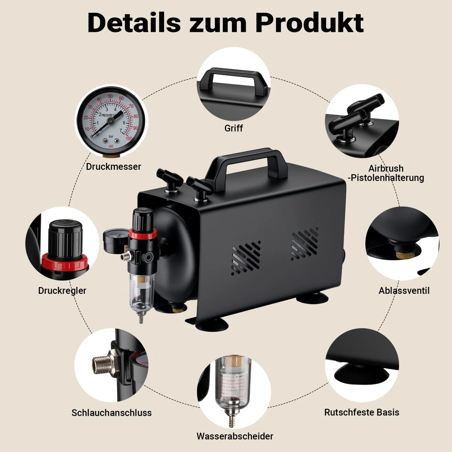 Wiltec Airbrush Kompressor AS18TB 1/6 PS, Druckluftkompressor mit 20-23 l/min Luftzufuhr, Kompressor für Airbrush-Pistole mit 1-Liter-Tank, Luftkompressor für Airbrush-Design