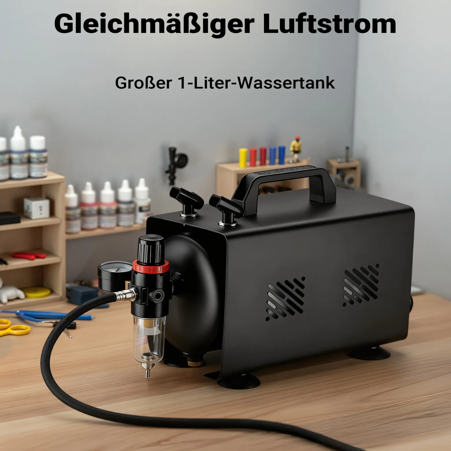Wiltec Airbrush Kompressor AS18TB 1/6 PS, Druckluftkompressor mit 20-23 l/min Luftzufuhr, Kompressor für Airbrush-Pistole mit 1-Liter-Tank, Luftkompressor für Airbrush-Design