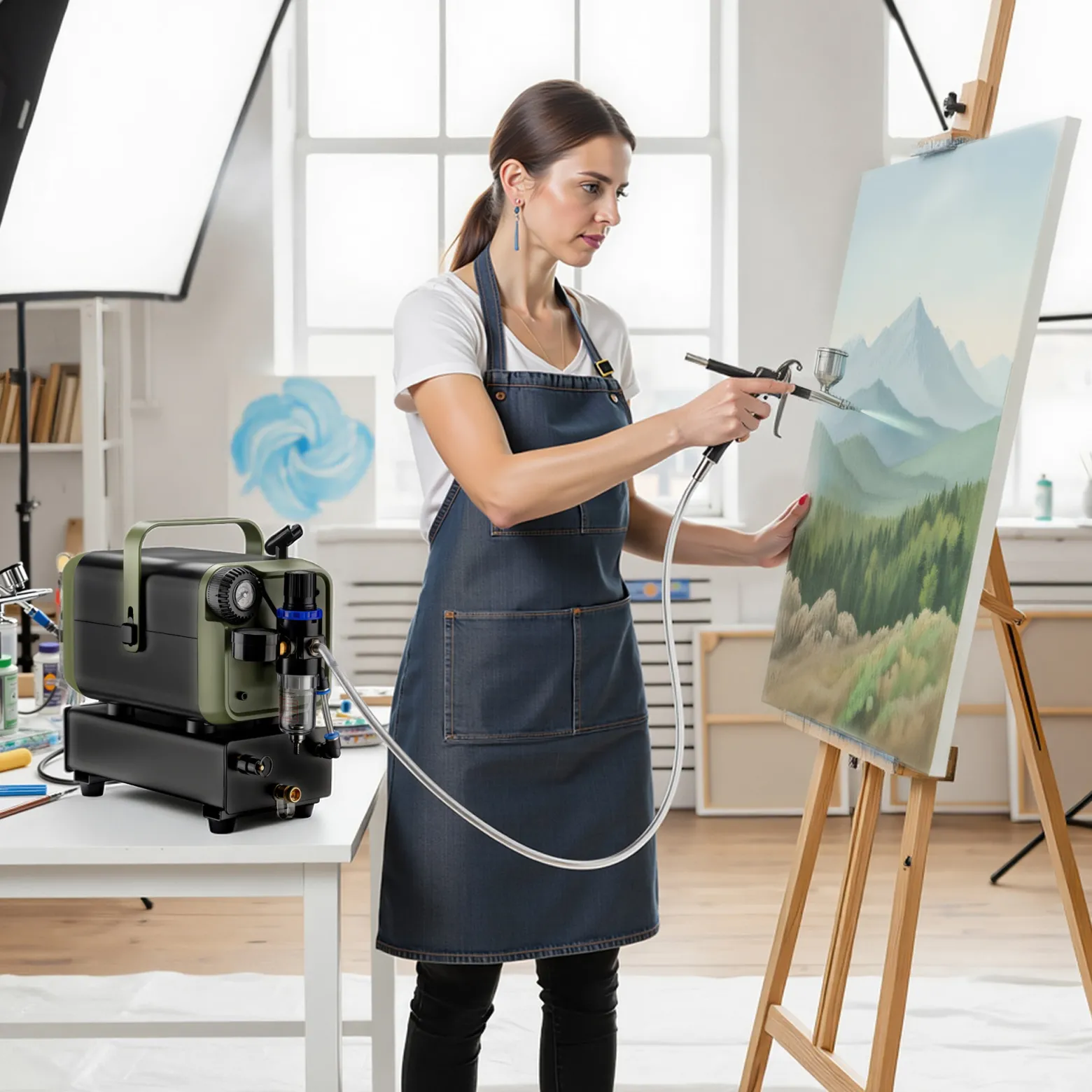 Wiltec Airbrush Kompressor HS-679F 1/6 PS, Druckluftkompressor 28 l/min Luftzufuhr, Kompressor für Airbrush-Pistole mit Halterung, Luftkompressor mit Druckmesser für Airbrush-Design