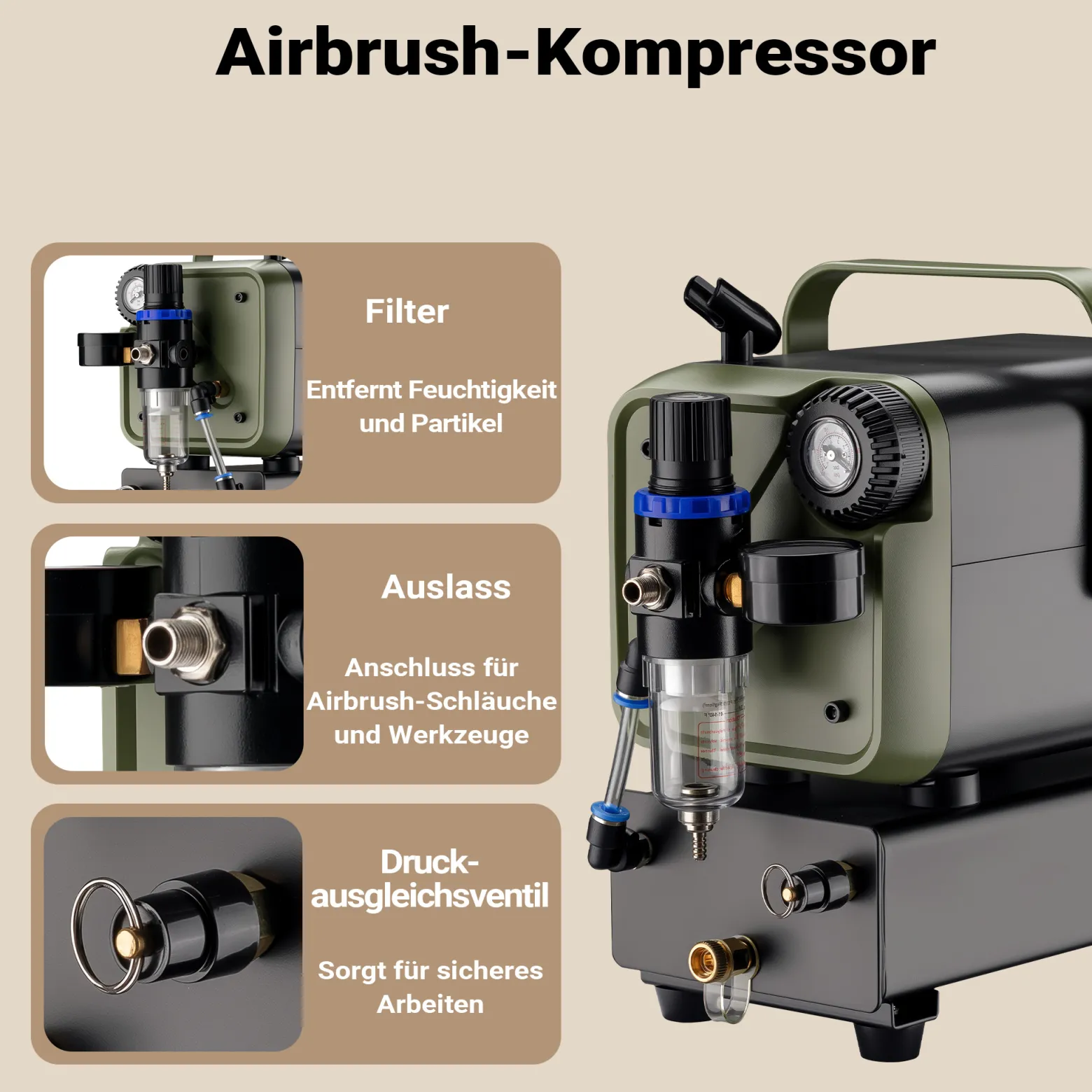 Wiltec Airbrush Kompressor HS-679F 1/6 PS, Druckluftkompressor 28 l/min Luftzufuhr, Kompressor für Airbrush-Pistole mit Halterung, Luftkompressor mit Druckmesser für Airbrush-Design