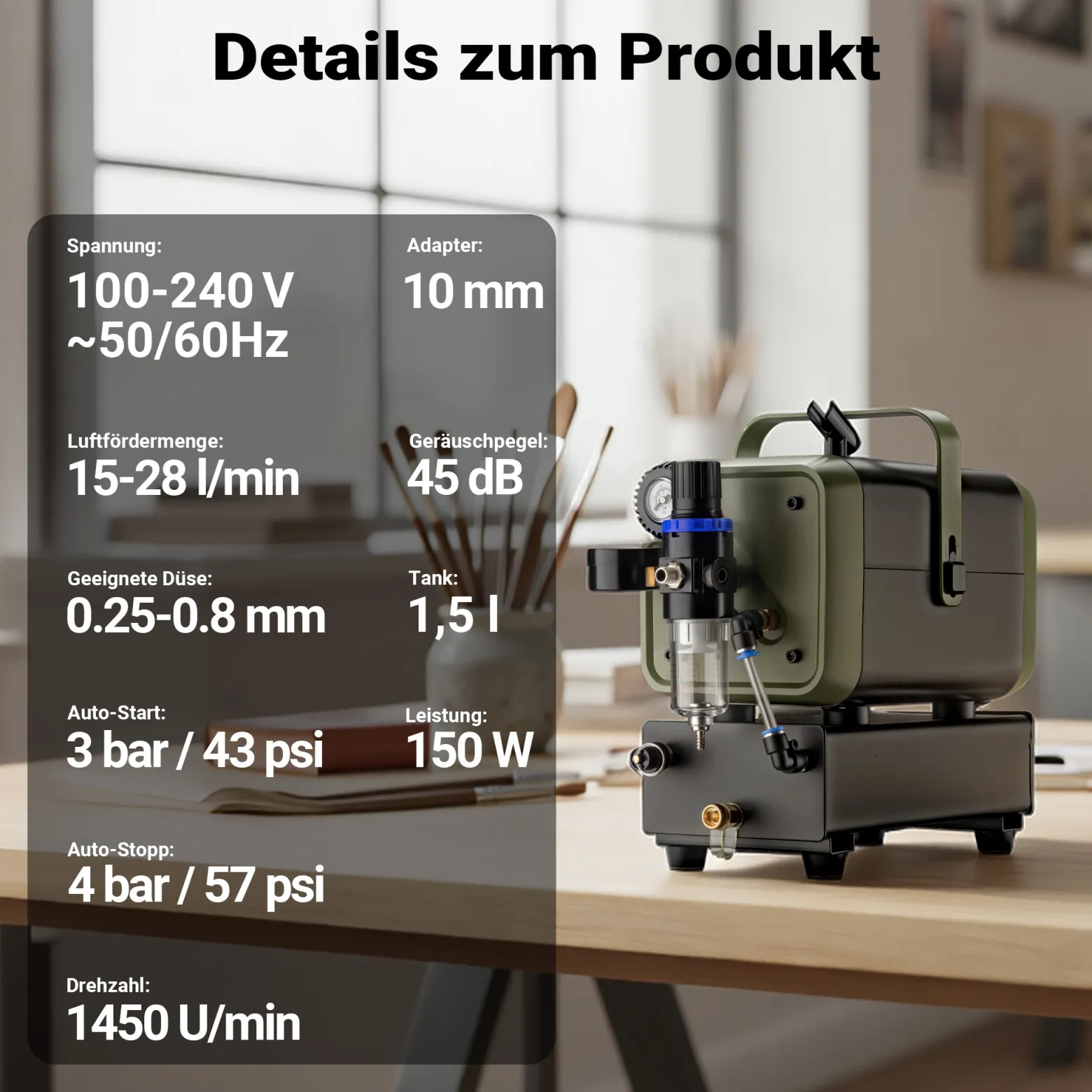 Wiltec Airbrush Kompressor HS-679F 1/6 PS, Druckluftkompressor 28 l/min Luftzufuhr, Kompressor für Airbrush-Pistole mit Halterung, Luftkompressor mit Druckmesser für Airbrush-Design