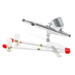 Wiltec Airbrush Pistole Set Typ 130T mit Double Action Funktion, Nadel und Düse Ø 0,2-0,5 mm, 1 Farbbecher, Adapter für Modellbau, Nailart usw.
