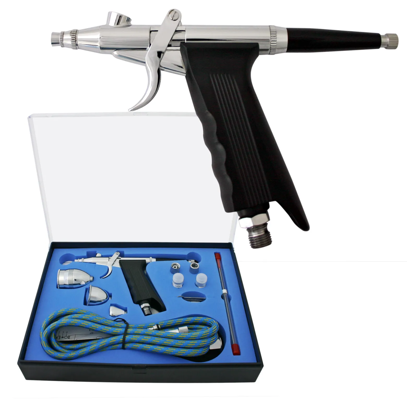 Wiltec Airbrush Pistole Set Typ 116AK mit Double Action Funktion, Nadel und Düse Ø 0,2-0,5 mm, 3 Farbbecher, Adapter für Modellbau, Nailart usw.