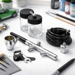 Wiltec Airbrush Pistole Typ 128 mit Double Action Funktion, Nadel und Düse Ø 0,35 mm, 3 Farbbecher, Adapter und Schlauch, für Modellbau, Nailart usw.