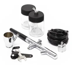 Wiltec Airbrush Pistole Typ 128 mit Double Action Funktion, Nadel und Düse Ø 0,35 mm, 3 Farbbecher, Adapter und Schlauch, für Modellbau, Nailart usw.
