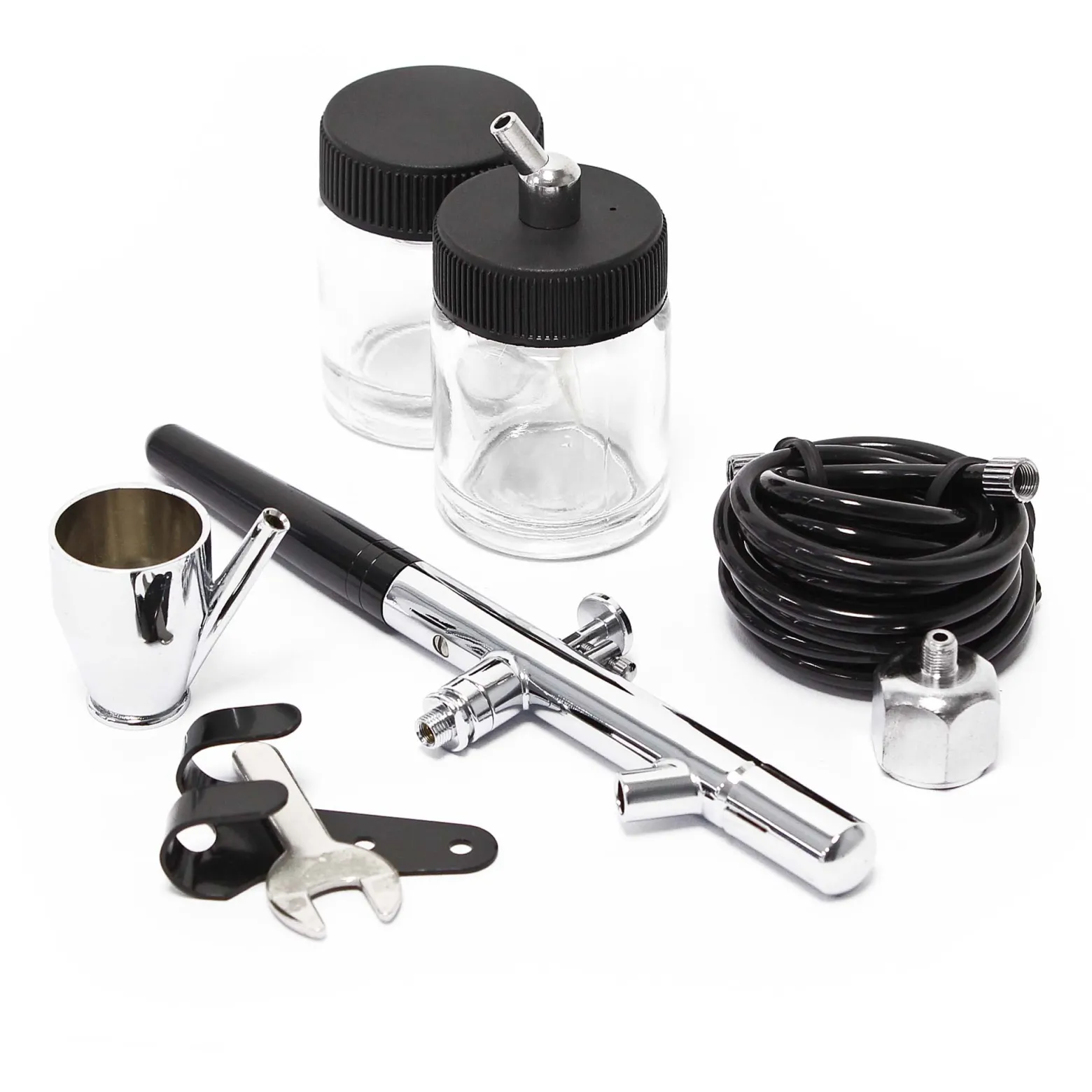 Wiltec Airbrush Pistole Typ 128 mit Double Action Funktion, Nadel und Düse Ø 0,35 mm, 3 Farbbecher, Adapter und Schlauch, für Modellbau, Nailart usw.