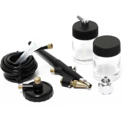 Wiltec Airbrush Pistole Typ 138 mit Single Action Funktion, Düse Ø 0,8 mm, 2 Farbbecher, Pipette und Schlauch für Modellbau, Nailart usw.
