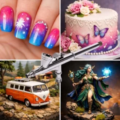 Wiltec Airbrush Pistole Typ 135 mit Double Action Funktion, Düse Ø 0,3 mm, 2 ml Farbbecher, Pipette, Adapter für Modellbau, Nailart usw.