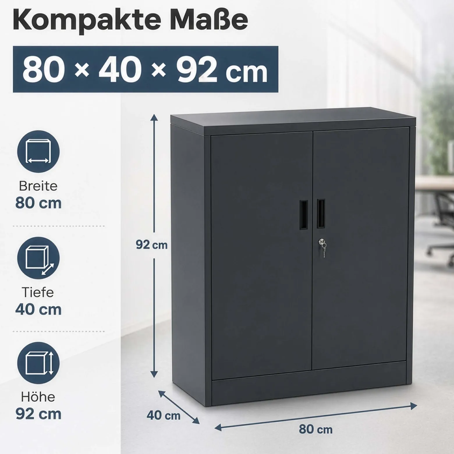 Wiltec Aktenschrank Stahl 80 x 40 x 92 cm anthrazit, abschließbarer Metallschrank mit 2 Einlegeböden, Büroschrank mit 50 kg Traglast je Ebene