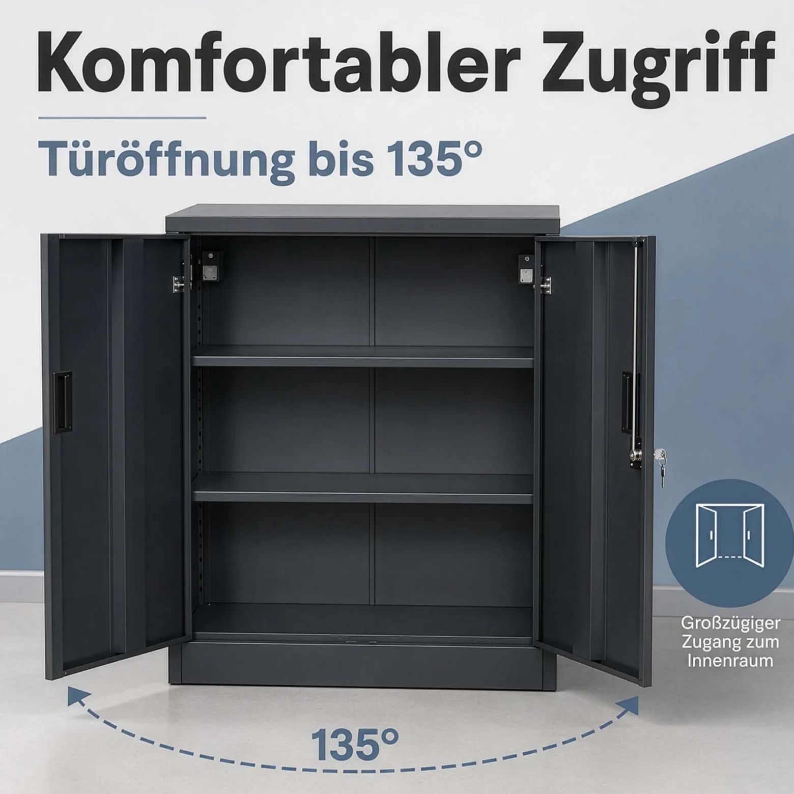 Wiltec Aktenschrank Stahl 80 x 40 x 92 cm anthrazit, abschließbarer Metallschrank mit 2 Einlegeböden, Büroschrank mit 50 kg Traglast je Ebene