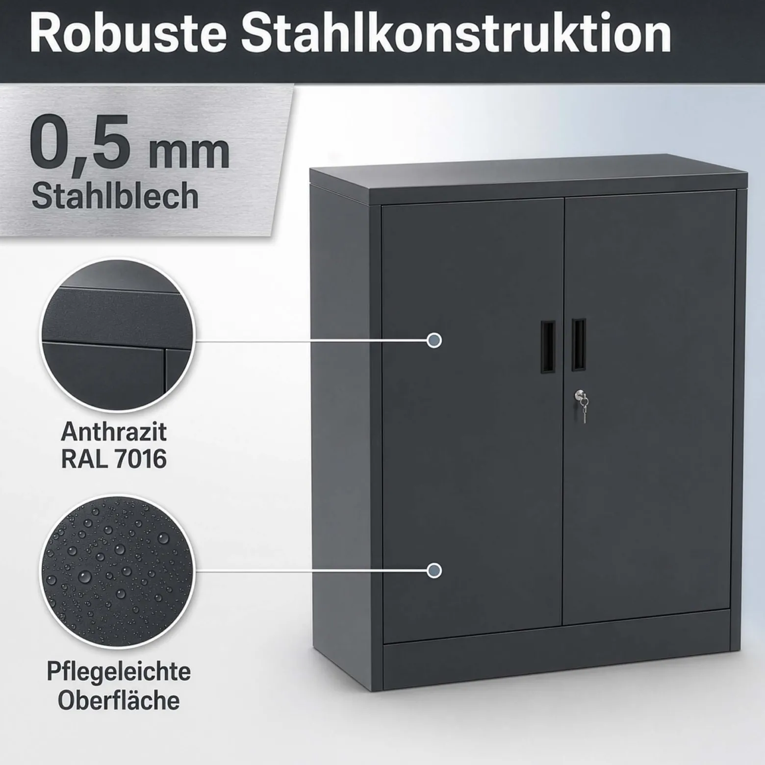 Wiltec Aktenschrank Stahl 80 x 40 x 92 cm anthrazit, abschließbarer Metallschrank mit 2 Einlegeböden, Büroschrank mit 50 kg Traglast je Ebene