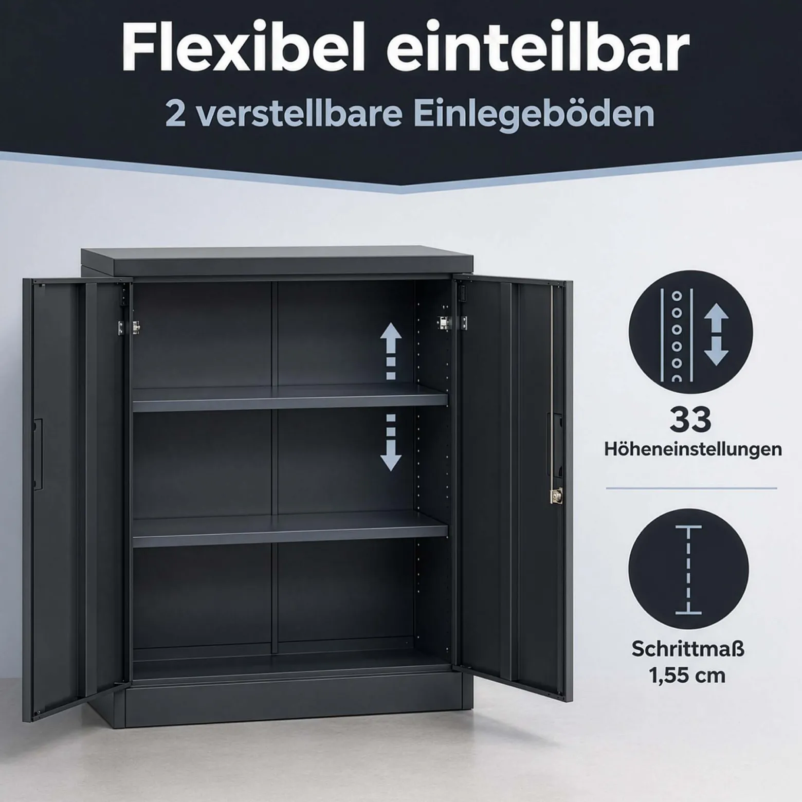 Wiltec Aktenschrank Stahl 80 x 40 x 92 cm anthrazit, abschließbarer Metallschrank mit 2 Einlegeböden, Büroschrank mit 50 kg Traglast je Ebene