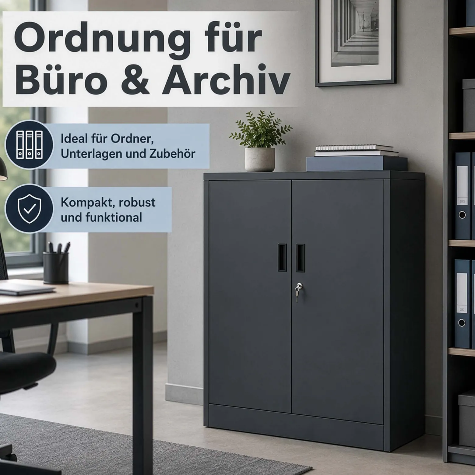 Wiltec Aktenschrank Stahl 80 x 40 x 92 cm anthrazit, abschließbarer Metallschrank mit 2 Einlegeböden, Büroschrank mit 50 kg Traglast je Ebene