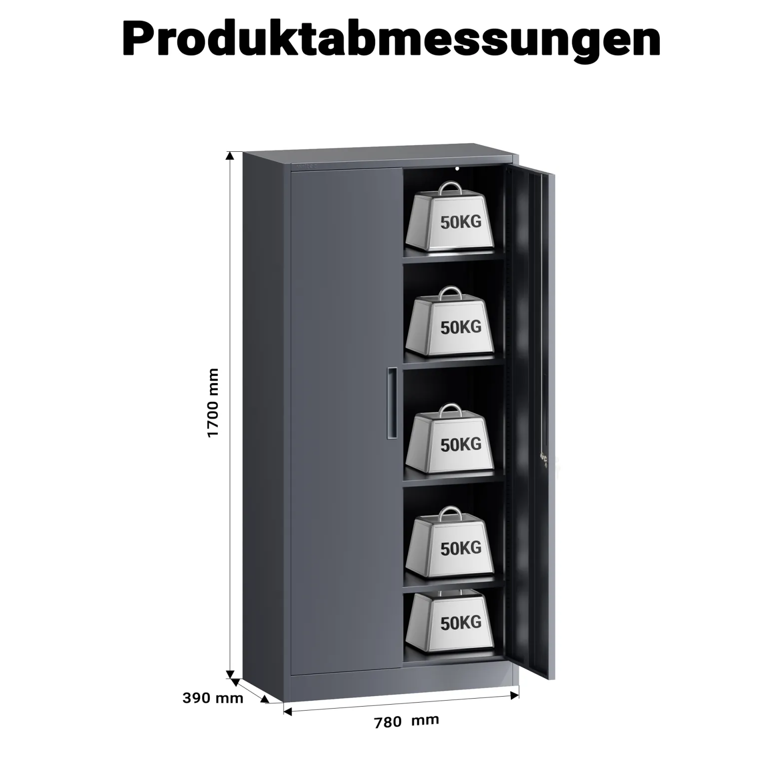 Wiltec Aktenschrank Stahl 78 x 39 x 170 cm anthrazit, abschließbarer Metallschrank mit 4 Einlegeböden, Büroschrank mit 50 kg Traglast je Ebene