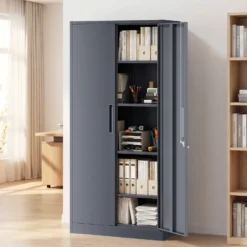 Wiltec Aktenschrank Stahl 78 x 39 x 170 cm anthrazit, abschließbarer Metallschrank mit 4 Einlegeböden, Büroschrank mit 50 kg Traglast je Ebene