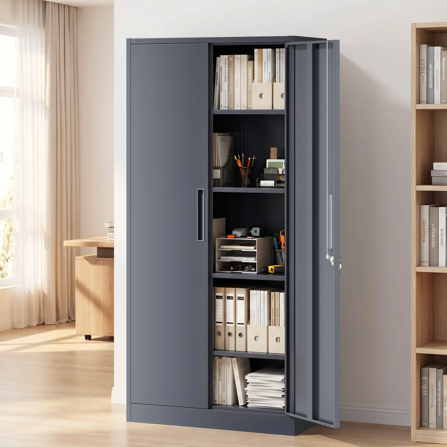 Wiltec Aktenschrank Stahl 78 x 39 x 170 cm anthrazit, abschließbarer Metallschrank mit 4 Einlegeböden, Büroschrank mit 50 kg Traglast je Ebene