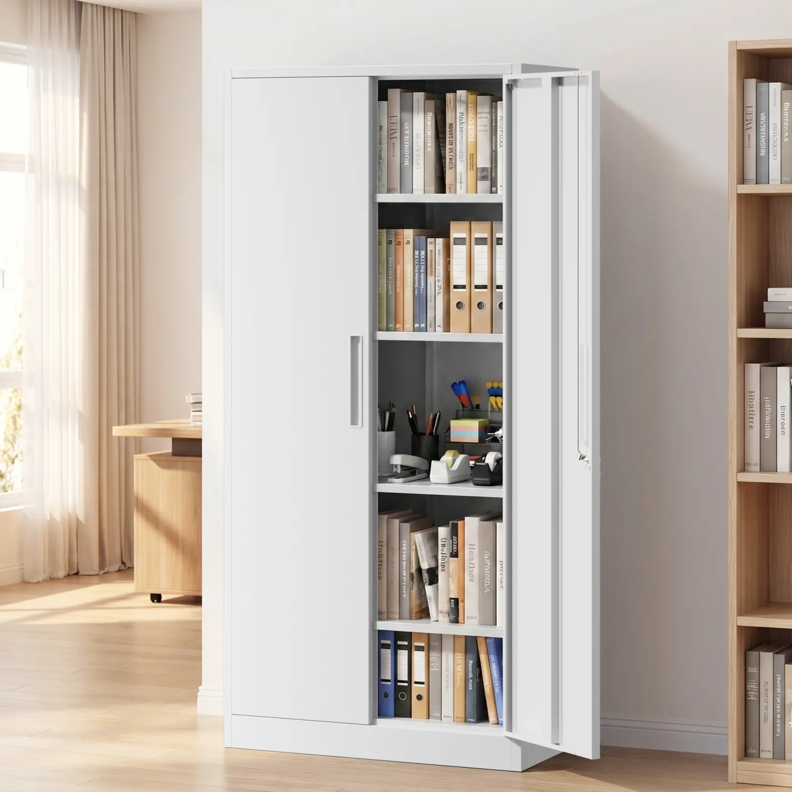 Wiltec Aktenschrank Stahl 78 x 39 x 170 cm weiß, abschließbarer Metallschrank mit 4 Einlegeböden, Büroschrank mit 50 kg Traglast je Ebene