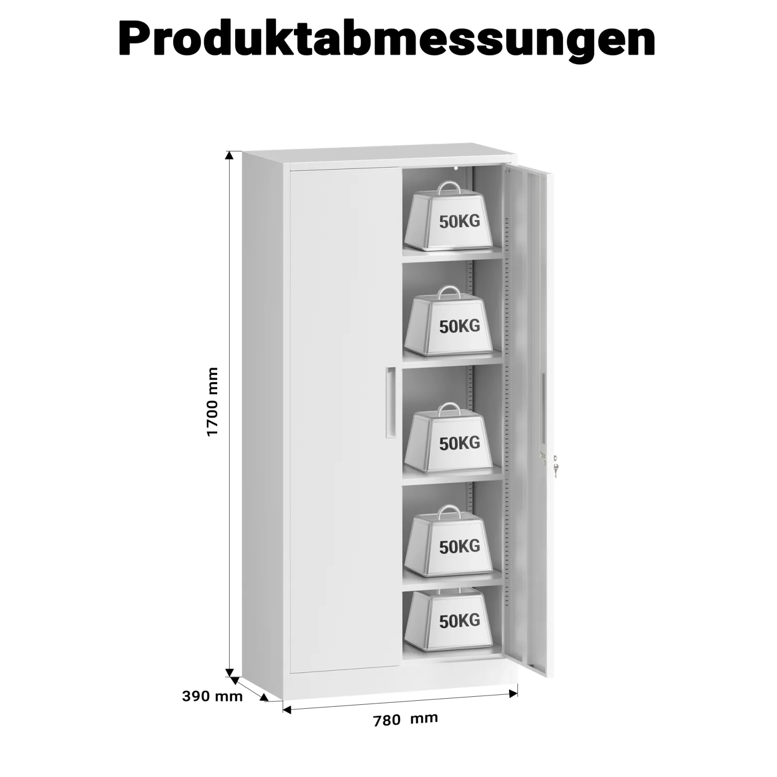 Wiltec Aktenschrank Stahl 78 x 39 x 170 cm weiß, abschließbarer Metallschrank mit 4 Einlegeböden, Büroschrank mit 50 kg Traglast je Ebene