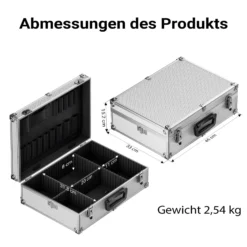 Wiltec Alu Universalkoffer 46x33x15,2 cm, Alubox abschließbar für Aufbewahrung und Transport von Werkzeug, Messgeräten usw., mit Griff und Tragegurt