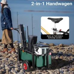 Wiltec Angelwagen mit Tasche, Angel Trolley bis 50 kg, Transportkarre mit 60 l Volumen, Bollerwagen mit Luftreifen, Transportwagen aus Stahl, auch als Lastenanhänger fürs Fahrrad
