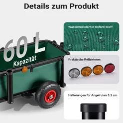 Wiltec Angelwagen mit Tasche, Angel Trolley bis 50 kg, Transportkarre mit 60 l Volumen, Bollerwagen mit Luftreifen, Transportwagen aus Stahl, auch als Lastenanhänger fürs Fahrrad
