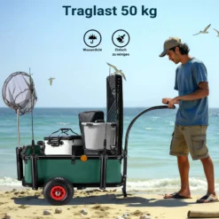 Wiltec Angelwagen mit Tasche, Angel Trolley bis 50 kg, Transportkarre mit 60 l Volumen, Bollerwagen mit Luftreifen, Transportwagen aus Stahl, auch als Lastenanhänger fürs Fahrrad