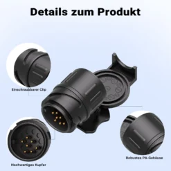 Wiltec Anhänger Adapter 13 auf 7 polig 12V, Kunststoff Adapter für PKW Anhänger, Anhängerkupplung Steckanschluss, Anhängersteckdose