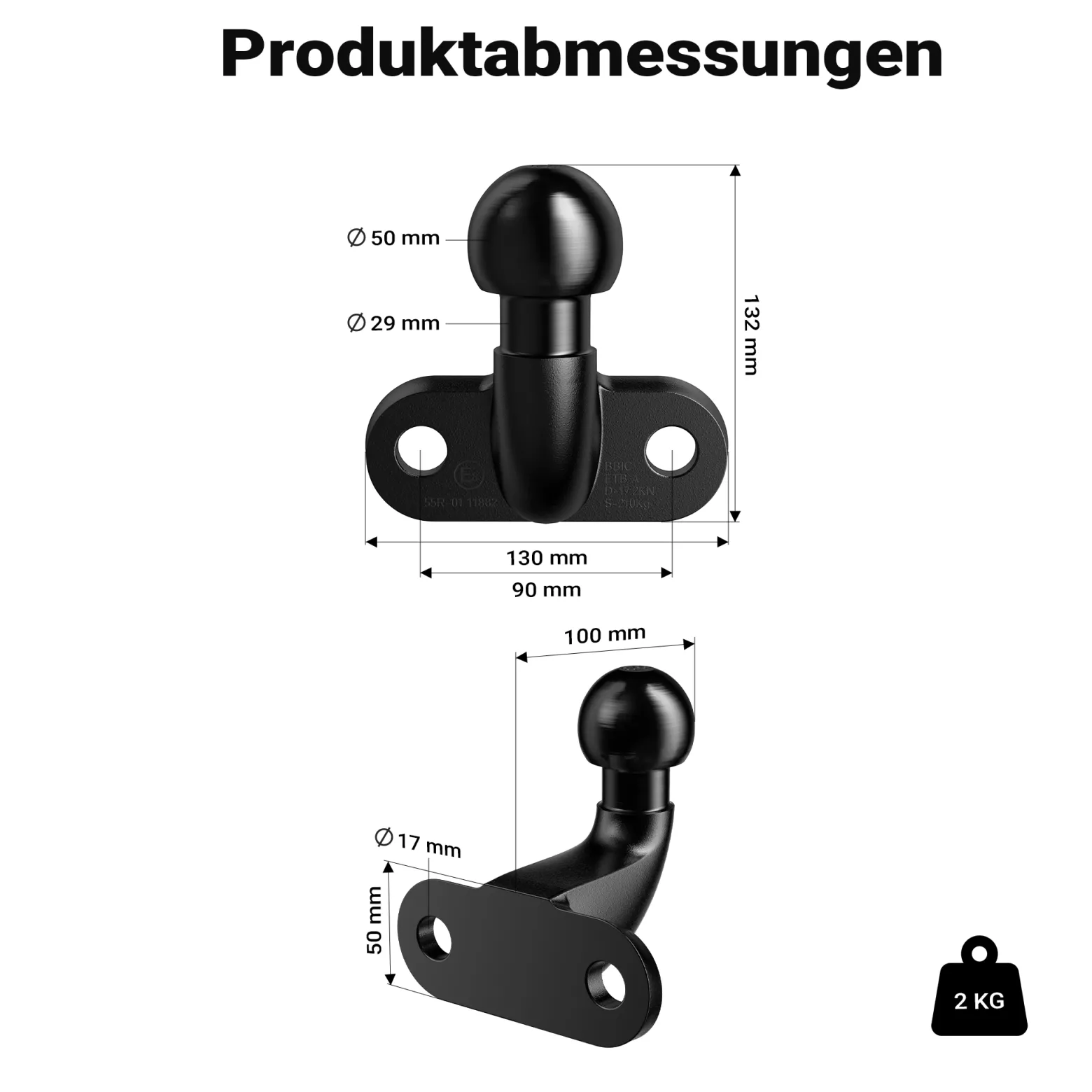Wiltec Anhängerkupplung mit 50 mm Kugelkopf, 3,5 t Zugkraft, Anhängevorrichtung aus Gussstahl für Pkw Lkw Traktor, 2 Loch Anschraubplatte