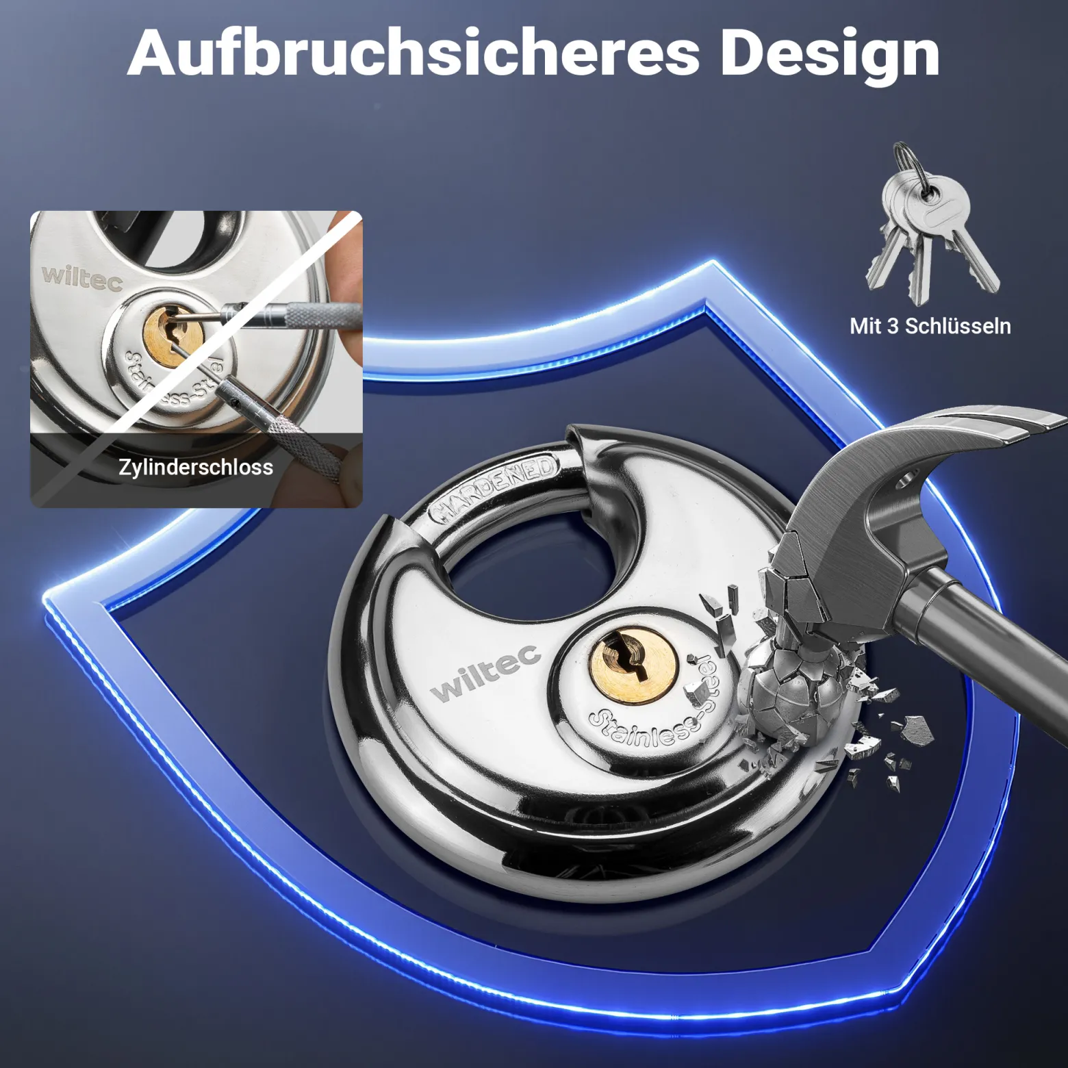 Wiltec Anhängerschloss mit Scharniersystem 70 mm Vorhängeschloss, Diebstahlsicherung aus Stahl für Anhänger